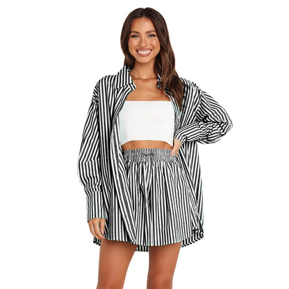 Women's Fashion Shirt Striped Long Sleeve Split Two-piece Set