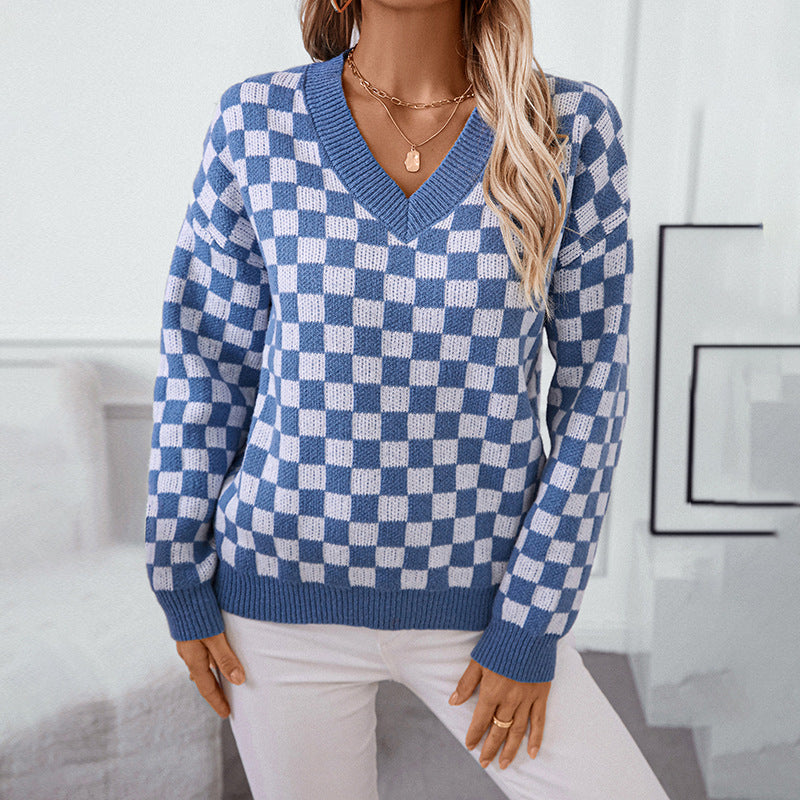 V-Ausschnitt Pullover Lockerer Schachbrett-Karomuster Farbkombination Pullover