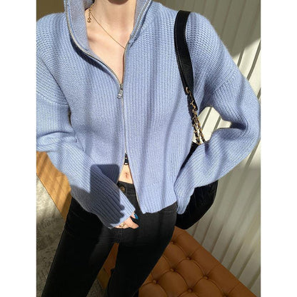 Pullover Kleine Strickjacke Damen Kurzer Preppy-Stil Stehkragen Reißverschluss Pullover Frühling und Herbst Dünner Pullover