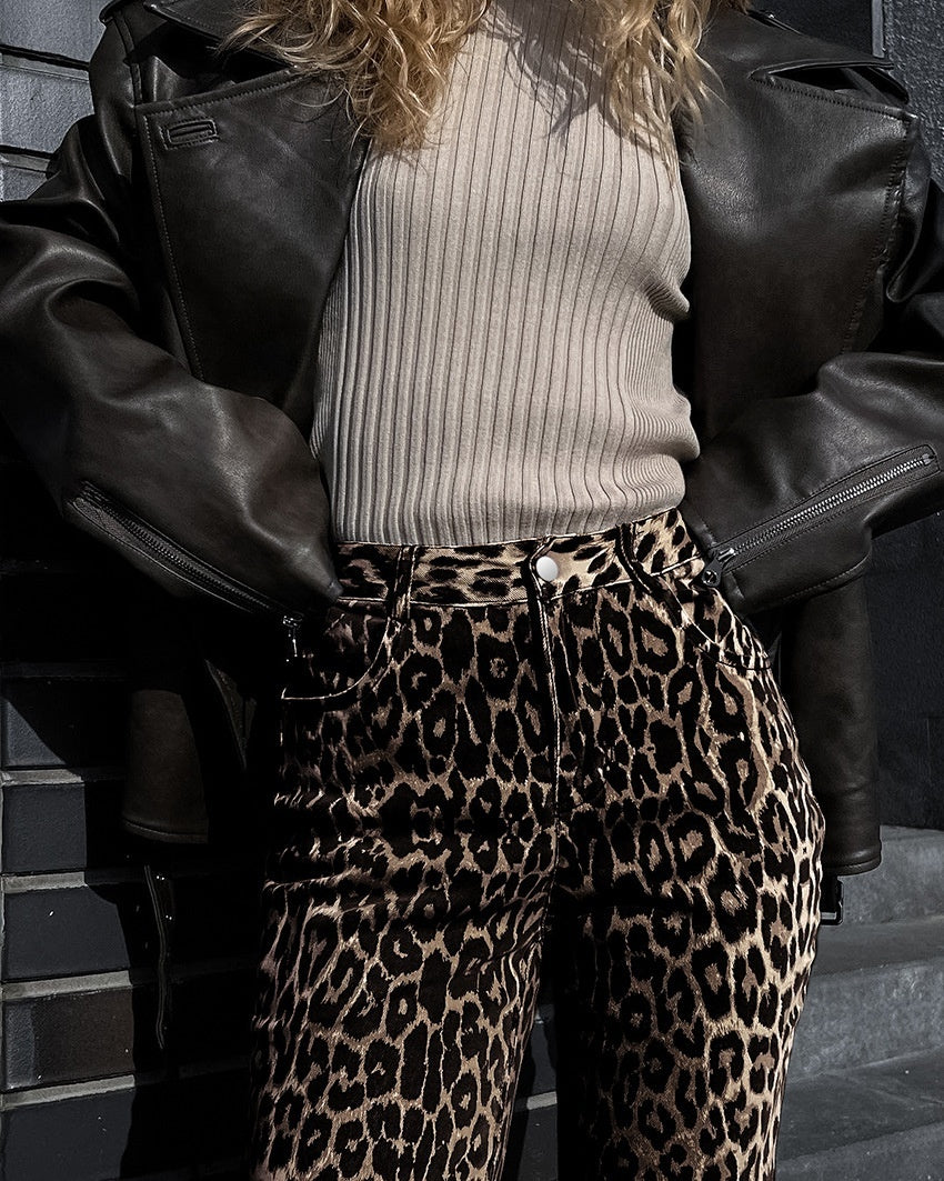 Sommerliche Retro Street Style Lockere Niedrig-Taillen Leopard-Print Hose – Vielseitige Baumwollweite Bein-Hose