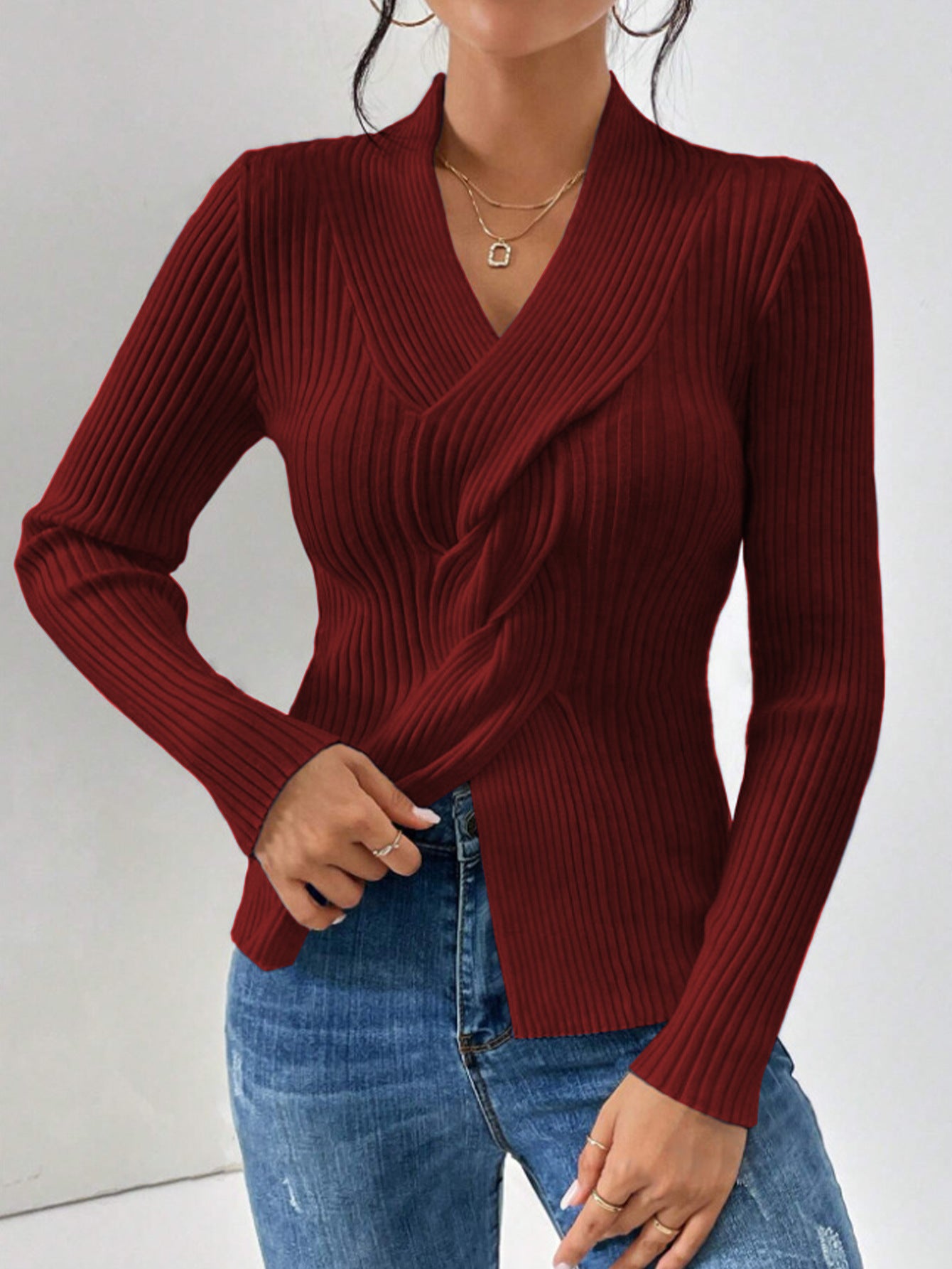 Damen Strickware mit Schlitz am Saum, Langarm Einfarbig Figurbetonter Pullover