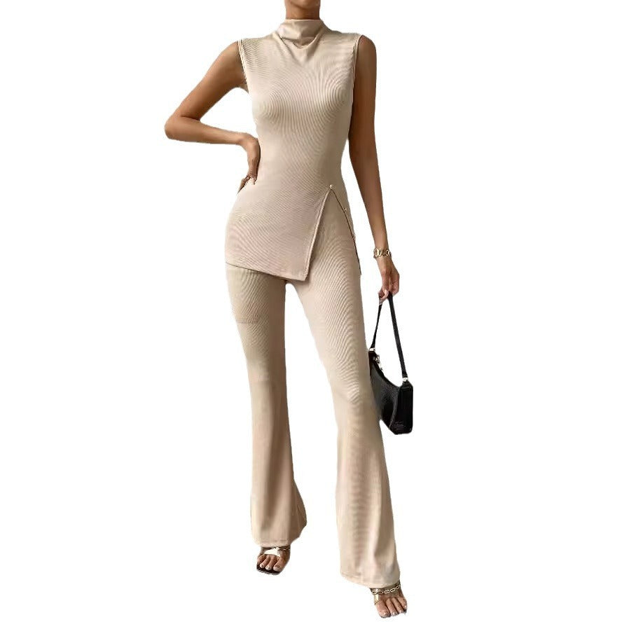 Stand collar slit bottom hem vest and wide leg pants