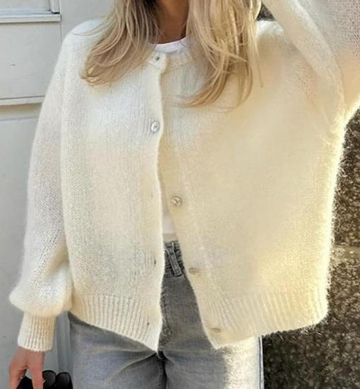 Einreihiger Cardigan-Pullover-Mantel mit rundem Ausschnitt einfarbig