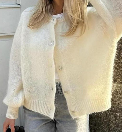 Einreihiger Cardigan-Pullover-Mantel mit rundem Ausschnitt einfarbig