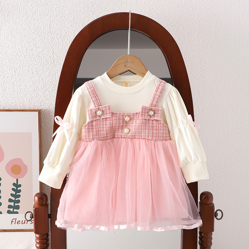 Girls Spring and Autumn New Dress Korean Style Fashionable Princess Dress Fake Two-piece Strap Skirt
