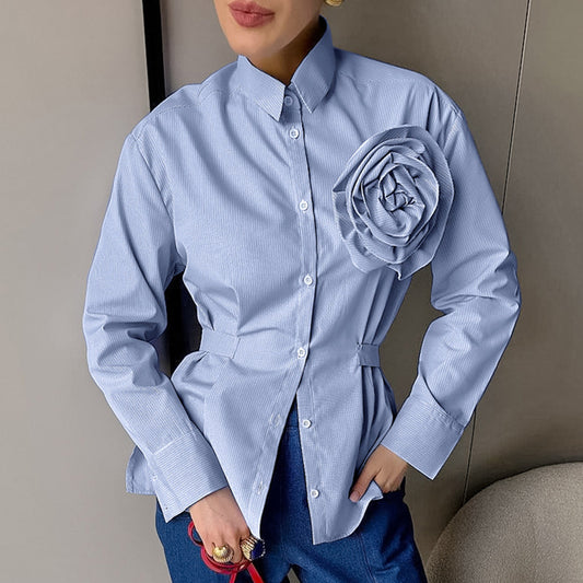 Lässiges Slim-Fit Langarmshirt mit Streifen und blauen Blumen aus Polyester-Baumwollmischung