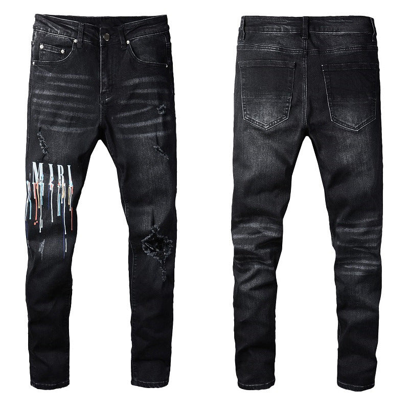 Schwarze Herren-Jeans mit auffälligen bunten Buchstaben