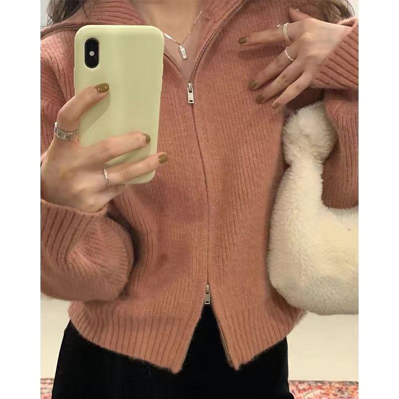 Pullover Kleine Strickjacke Damen Kurzer Preppy-Stil Stehkragen Reißverschluss Pullover Frühling und Herbst Dünner Pullover
