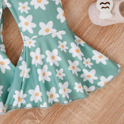 Baby Mädchen Kleinkind Sommer Schleifen-Träger V-Ausschnitt Kurzarm-Body Bedruckte Schlaghosen