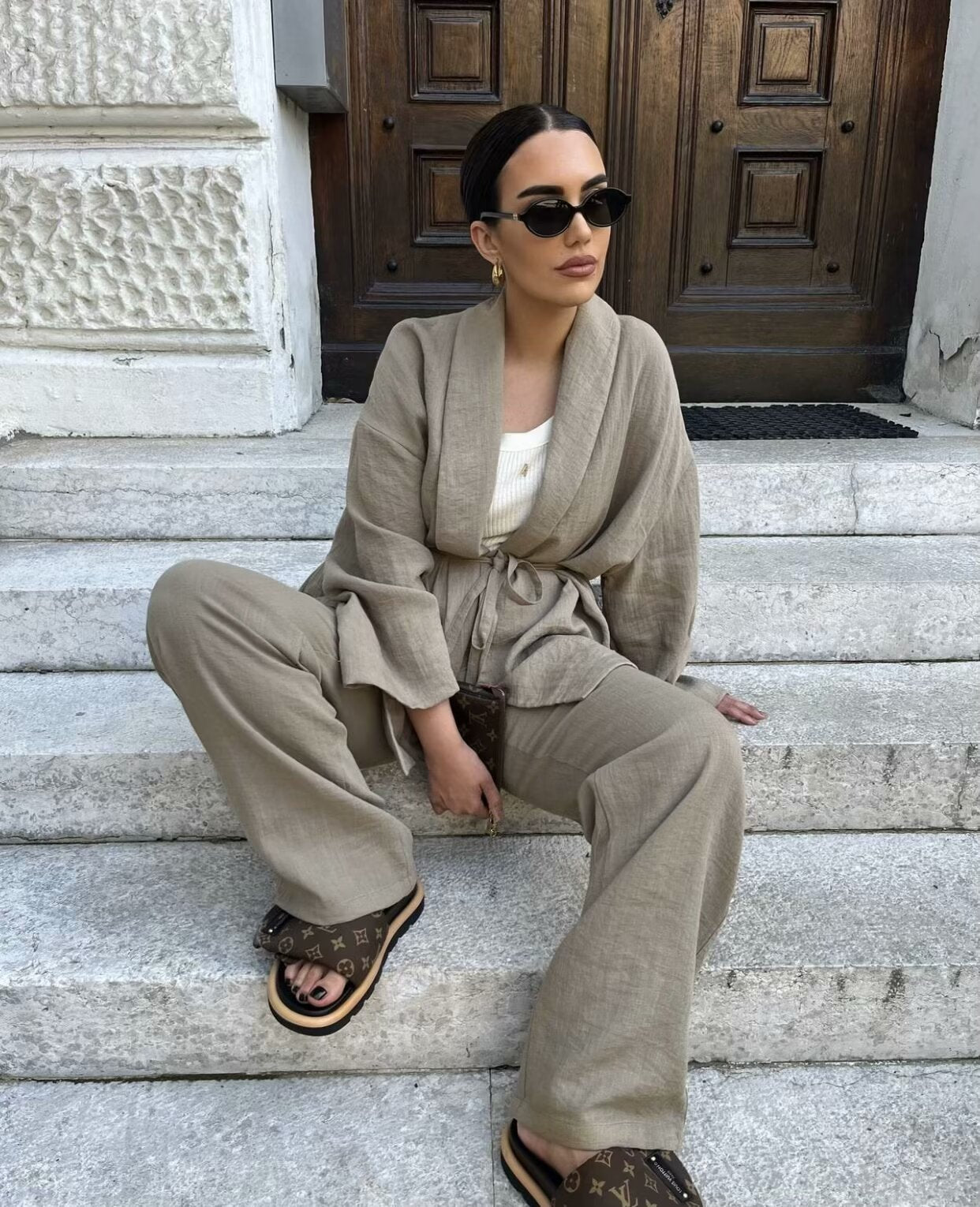 Texture Double Breasted Kimono Top Drawstring Pants Suit