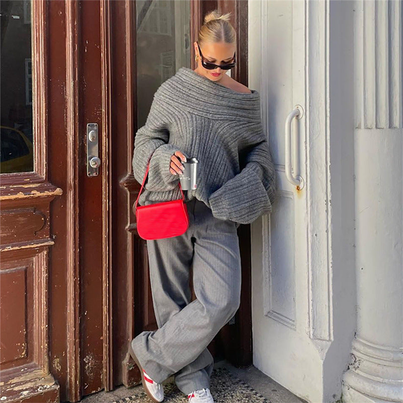 Irregular off-shoulder long-sleeved sweater