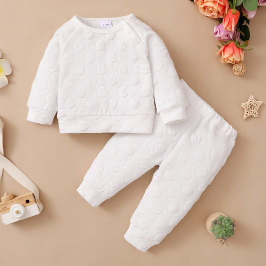 Frühling und Herbst Jungen- und Mädchenanzug Baby Bonbonfarben Einfarbig mit Polka-Dots Rundhalsausschnitt Langarmhosen Kinderkleidung