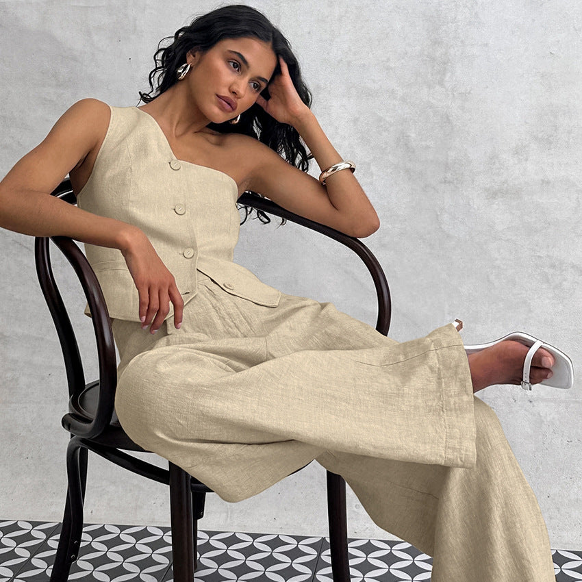 Cotton Linen Sleeveless Vest Irregular Collar Suit