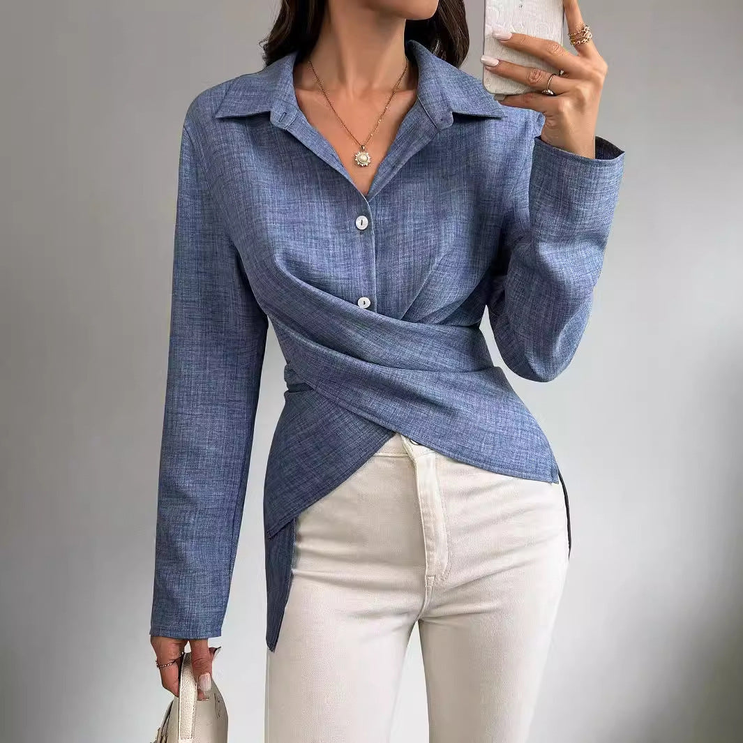 Damen Langarm-Shirt mit Kreuzbinde und Falten-Design