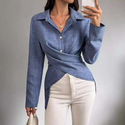 Damen Langarm-Shirt mit Kreuzbinde und Falten-Design