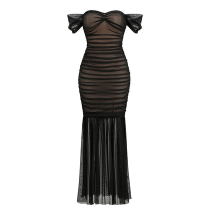 Off-Shoulder Röhrenoberteil Kleid mit Stitching, durchsichtigem Mesh und Falten, lang