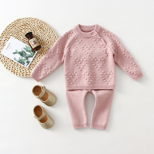 Children's knitting set with heart motif, plain sweater and pants 