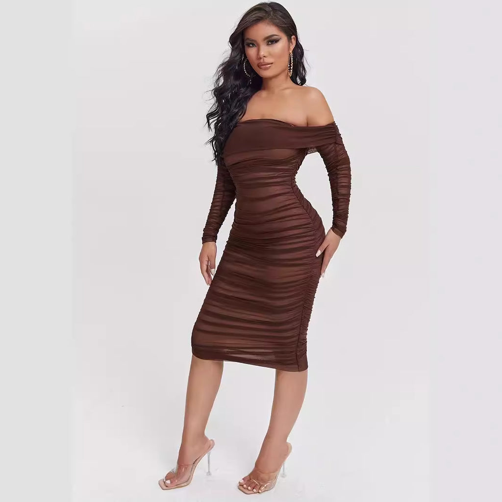 Dress with slanted shoulder design