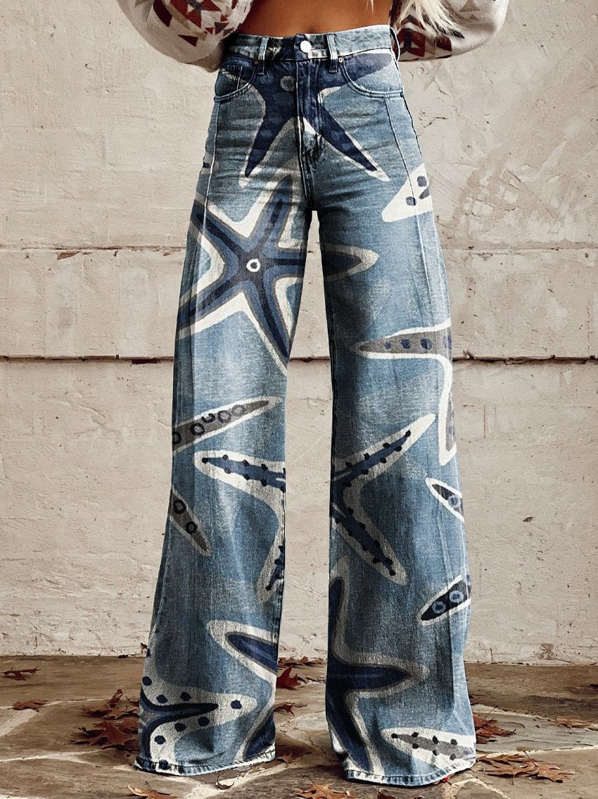 Hose mit weitem Bein Thermotransfer-Schlaghose Simulation Denim-Hose