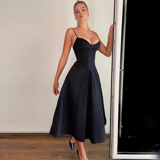 Taillenschlitz Figurbetontes Trägerkleid mit V-Ausschnitt und Rückenfrei
