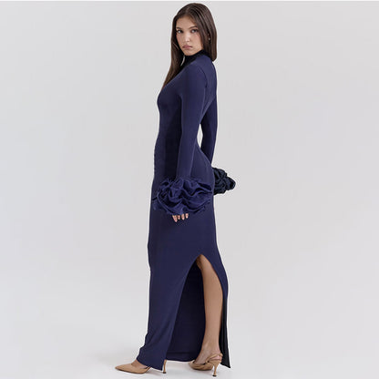 Modisches High-Collar Figurbetontes Sexy Kleid mit Schlitz