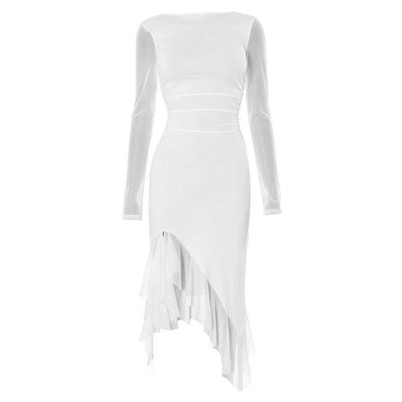 Kleid mit Rundhalsausschnitt, Mesh-Stitching, langen Ärmeln, Schlitz und Rüschen