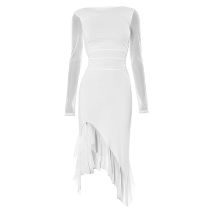 Kleid mit Rundhalsausschnitt, Mesh-Stitching, langen Ärmeln, Schlitz und Rüschen