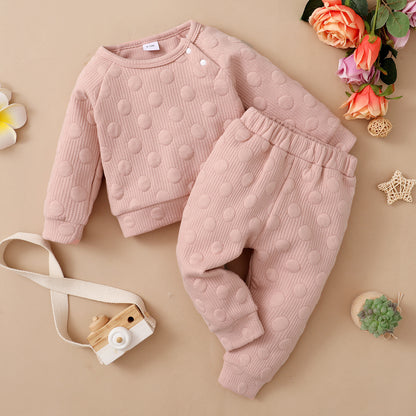 Frühling und Herbst Jungen- und Mädchenanzug Baby Bonbonfarben Einfarbig mit Polka-Dots Rundhalsausschnitt Langarmhosen Kinderkleidung