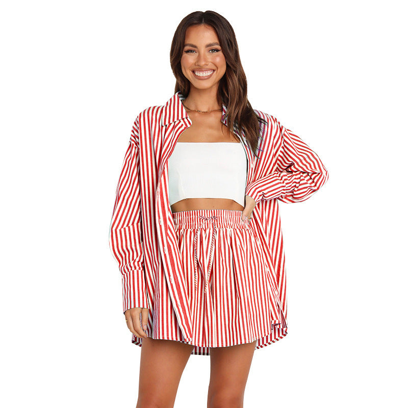 Women's Fashion Shirt Striped Long Sleeve Split Two-piece Set
