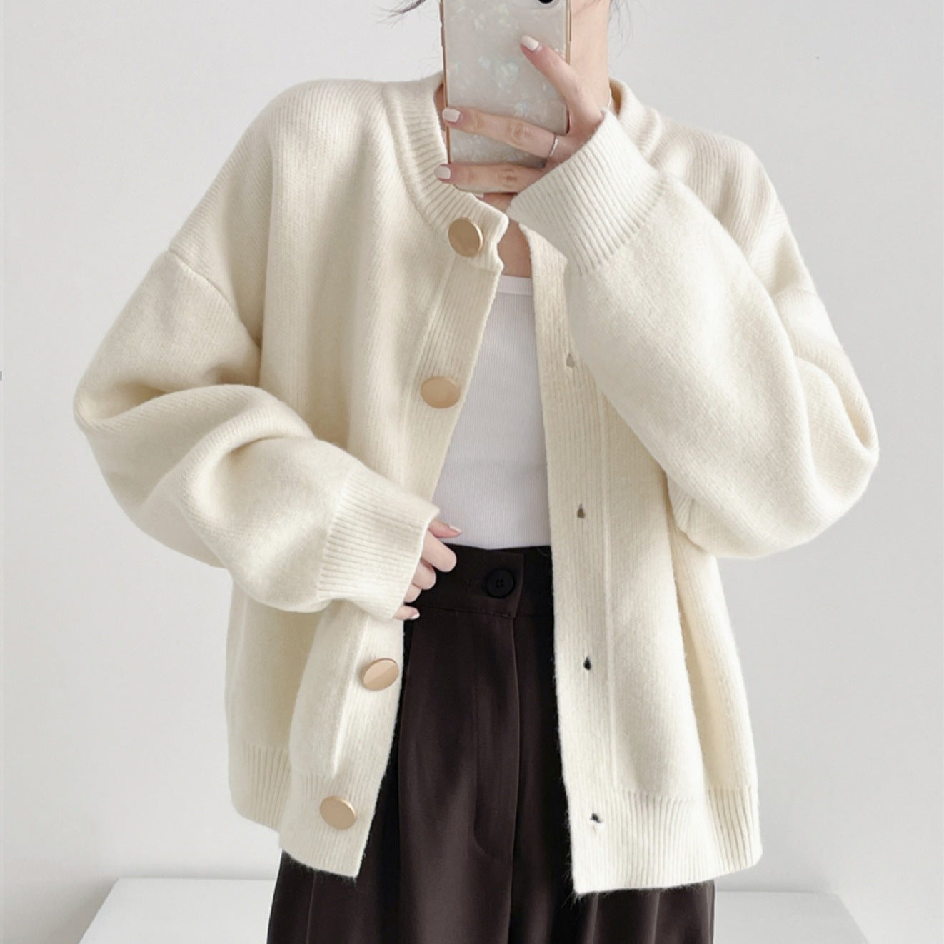 Rundhals Einfarbige Lockere Strickjacke Damen Herbst und Winter