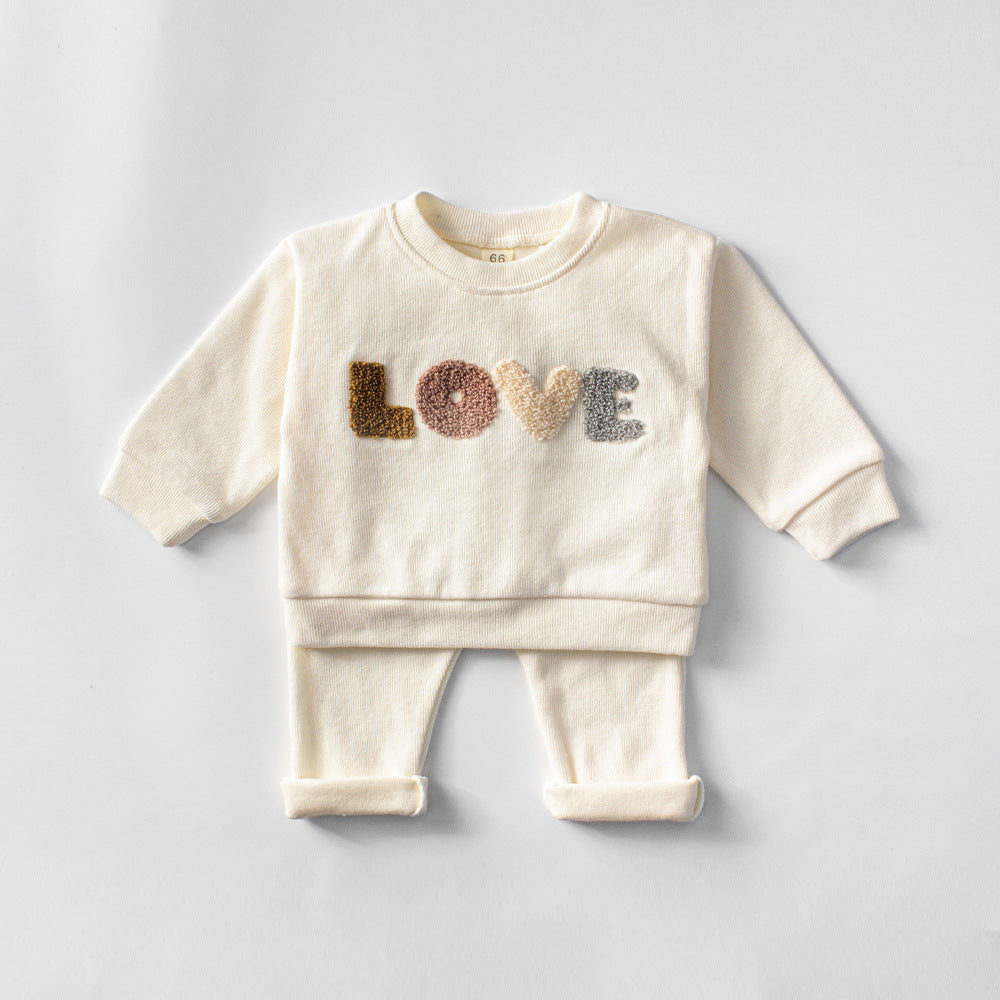 Kinderkleidung Jungen Pullover Anzug Beige Wolle LOVE Handtuch Stickerei Baby Kleidung Zwei-Teiliges Set