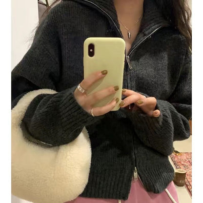 Pullover Kleine Strickjacke Damen Kurzer Preppy-Stil Stehkragen Reißverschluss Pullover Frühling und Herbst Dünner Pullover