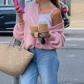 Einreihiger Cardigan-Pullover-Mantel mit rundem Ausschnitt einfarbig