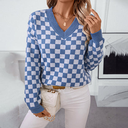 V-Ausschnitt Pullover Lockerer Schachbrett-Karomuster Farbkombination Pullover