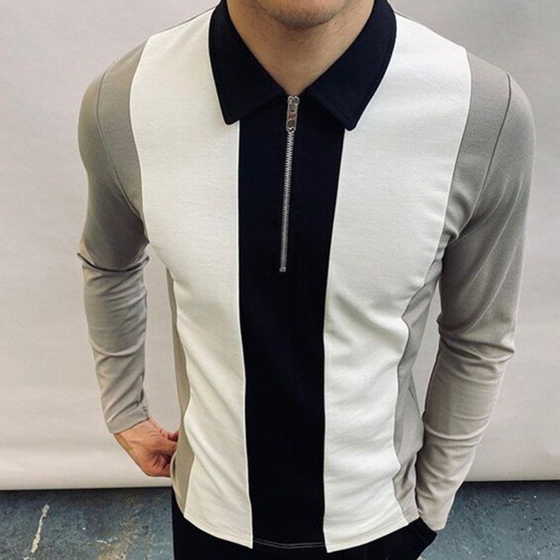 Männer der Colorblock Zipper Revers Langarm T-shirt Slim Polo Shirt T-shirt