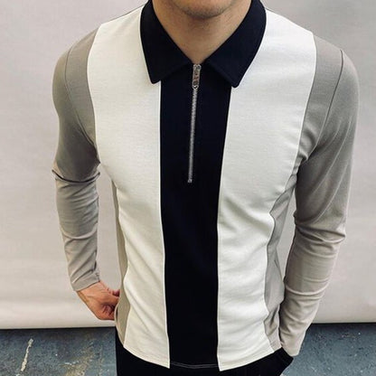 Männer der Colorblock Zipper Revers Langarm T-shirt Slim Polo Shirt T-shirt