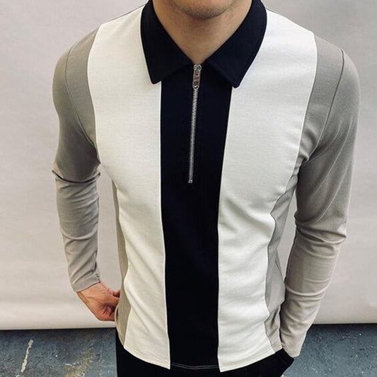 Männer der Colorblock Zipper Revers Langarm T-shirt Slim Polo Shirt T-shirt