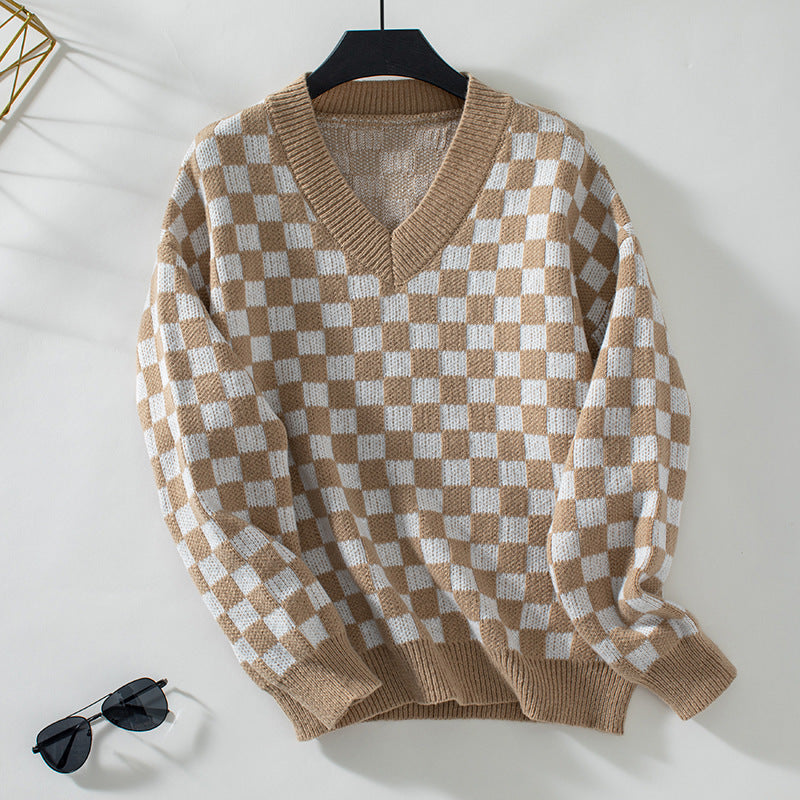 V-Ausschnitt Pullover Lockerer Schachbrett-Karomuster Farbkombination Pullover
