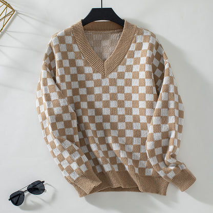 V-Ausschnitt Pullover Lockerer Schachbrett-Karomuster Farbkombination Pullover