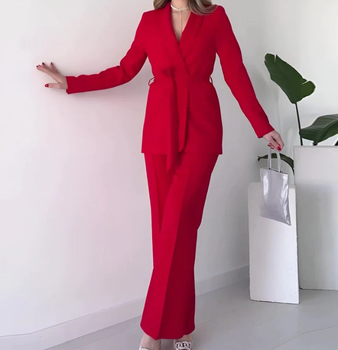 Damen Mode einfarbig Polo Kragen Schnürung Taille Temperament Twinset