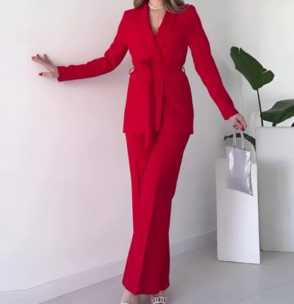 Damen Mode einfarbig Polo Kragen Schnürung Taille Temperament Twinset