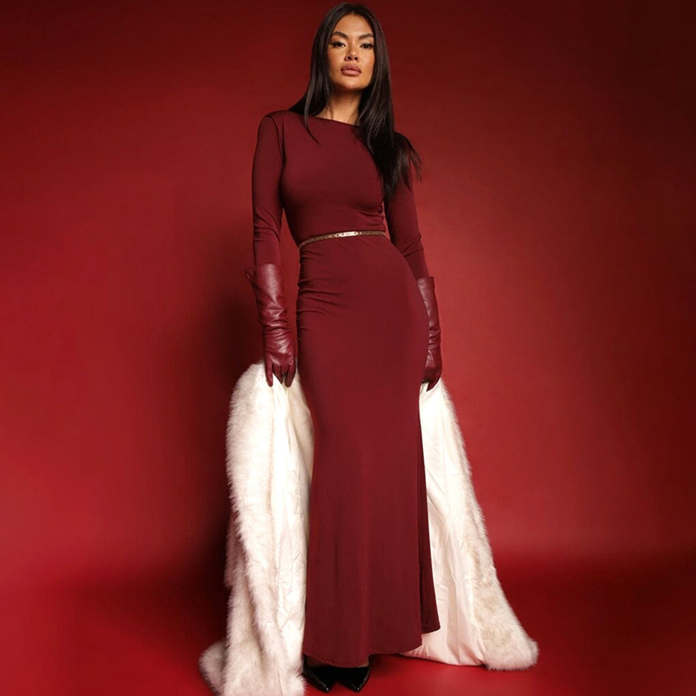 Hip Bag Mode Langarm Faltenkleid