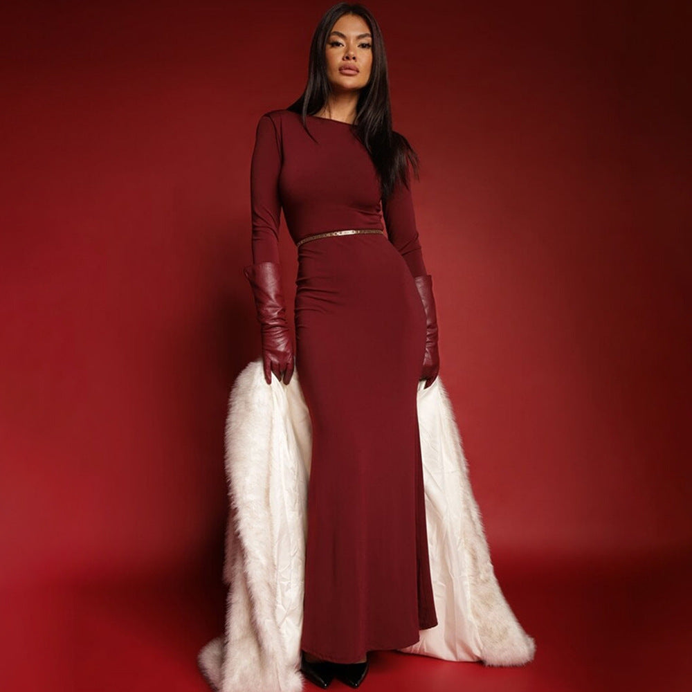 Hip Bag Mode Langarm Faltenkleid