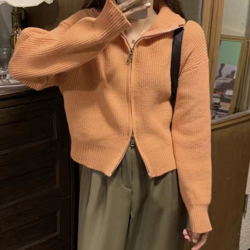 Pullover Kleine Strickjacke Damen Kurzer Preppy-Stil Stehkragen Reißverschluss Pullover Frühling und Herbst Dünner Pullover