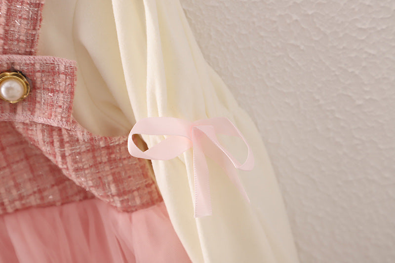 Girls Spring and Autumn New Dress Korean Style Fashionable Princess Dress Fake Two-piece Strap Skirt