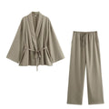 Texture Double Breasted Kimono Top Drawstring Pants Suit