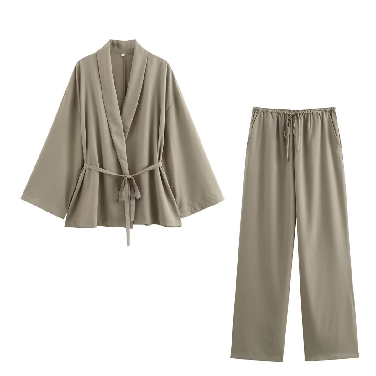 Texture Double Breasted Kimono Top Drawstring Pants Suit