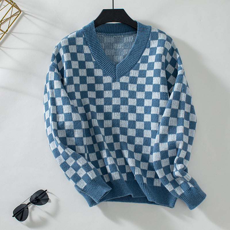 V-Ausschnitt Pullover Lockerer Schachbrett-Karomuster Farbkombination Pullover