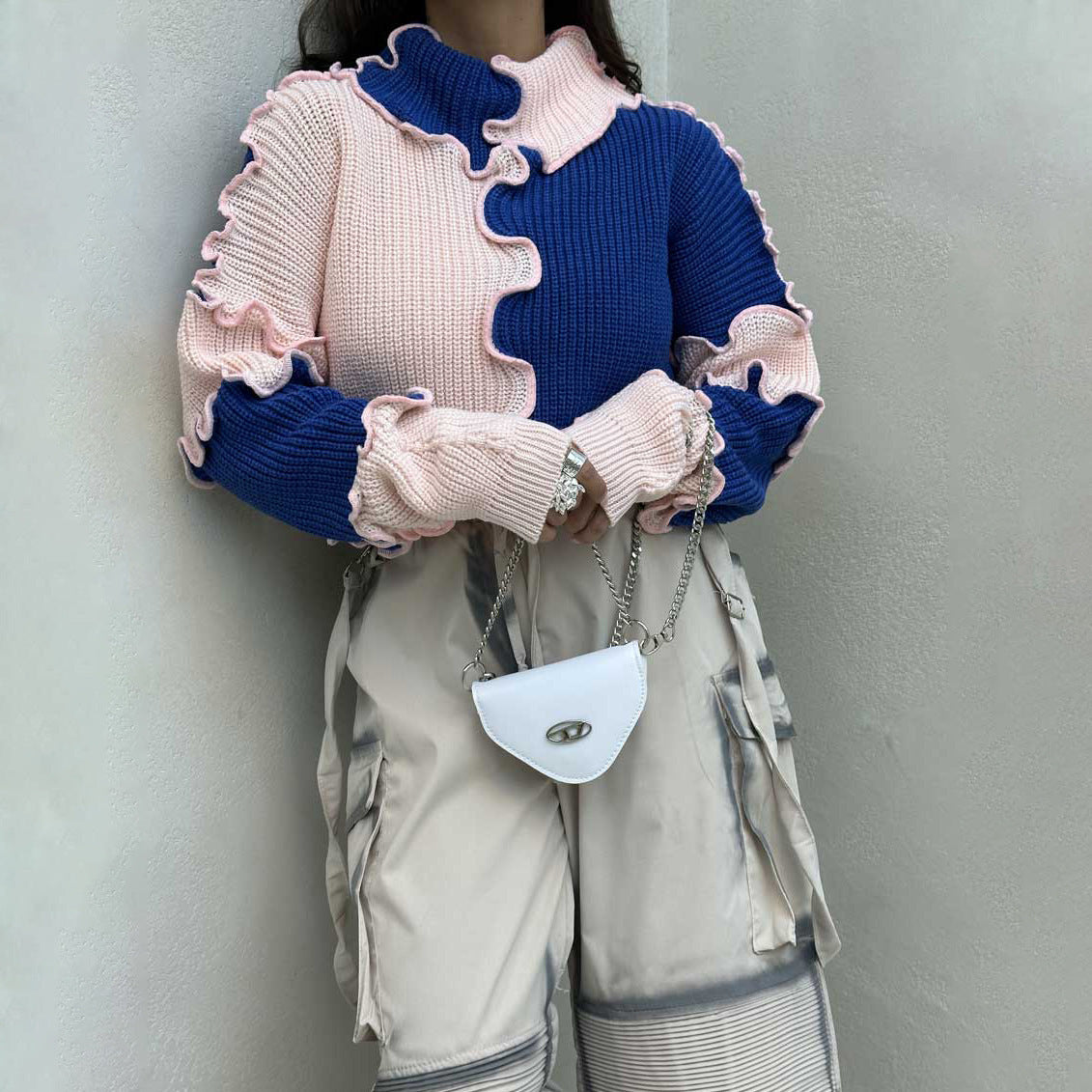 Fashionable Thread Edge Large Color Block Contrast Color Sweater