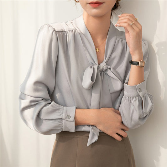 Französisches Temperament Business-Shirt mit Schleifenband und Uni-Farbe